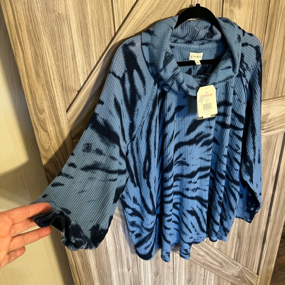 NWT blue tye dye waffle material with high/low hem and cowl neck by Wonderly